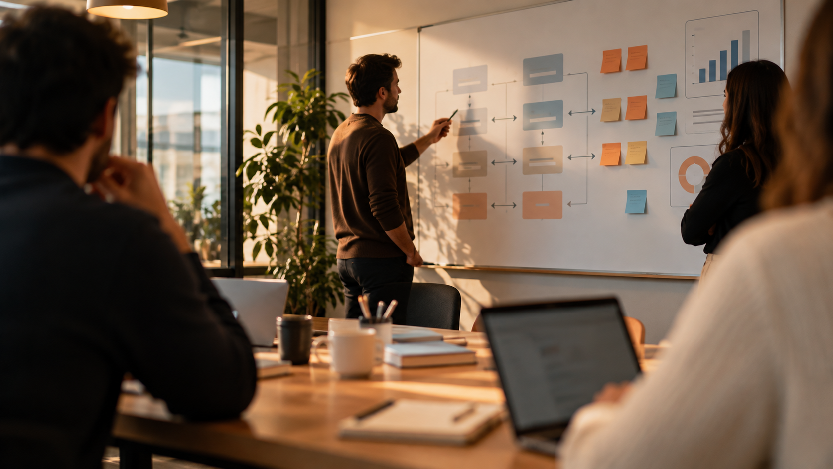 Atelier de cadrage de projet ERP avec tableau blanc de processus