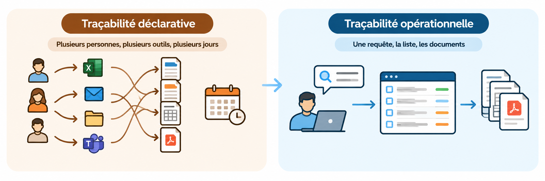Comparaison entre une traçabilité déclarative, lente et manuelle, et une traçabilité opérationnelle dans l’ERP